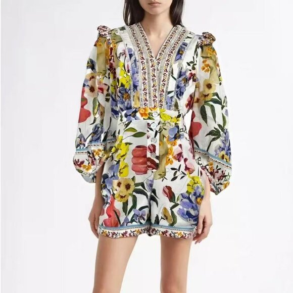 Farm Rio Pants - NWOT Farm Rio Greek Garden Long Sleeve Plunge Neck Cotton Romper Size XS
